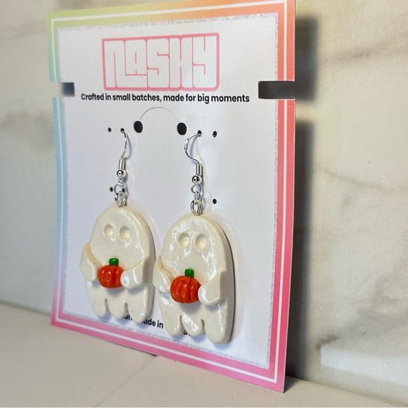 White Ghost Holding a Pumpkin - Handmade Earrings - Picture 4 of 8